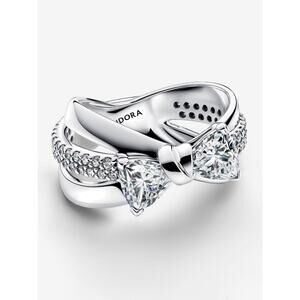 Pandora Sparkling Bow Crossover Ring Sterling Silver Cubic Zirconia Sz 5